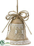 Silk Plants Direct Burlap Lace Rhinestone Bell Ornament - Natural White - Pack of 12