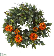 Silk Plants Direct Mixed Greens and Zinnia Artificial Wreath - Yellow - Pack of 1
