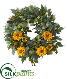 Silk Plants Direct Mixed Greens and Zinnia Artificial Wreath - Yellow - Pack of 1