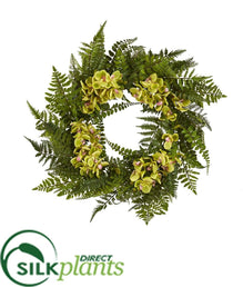 Silk Plants Direct Mixed Fern and Phalaenopsis Orchid Artificial Wreath - Green - Pack of 1
