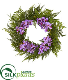 Silk Plants Direct Mixed Fern and Phalaenopsis Orchid Artificial Wreath - Orange - Pack of 1