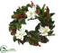 Silk Plants Direct Magnolia, Berry, Pine Cone Wreath - White Green - Pack of 4