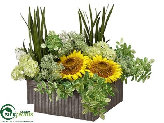 sunflowers and succulents Silk Plants Direct Sunflower, Succulent, Snowball Arrangement - Yellow Green