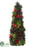 Silk Plants Direct Pine Cone, Crabapple, Berry Cone Topiary - Red Green - Pack of 2